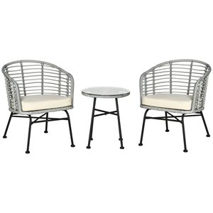 Set da bistrot da patio in rattan bianco crema da 3 pezzi con sedie imbottite e tavolino da caffè in vetro - Product Image 1