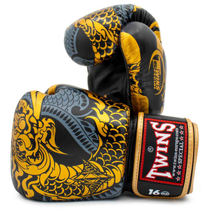 Professional Gold Gery Twins Boxing Gloves Original Black Cowhide Leather Hook Loop Adjustable Wrist <b>Strap</b> Twins Fighting Gloves - Product Image 6