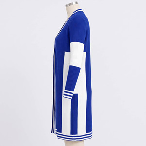 <b>Women's</b> Long Sleeve Color Blocked Rib Knit <b>Cardigan</b> Open Front Casual Duster Midi <b>Sweater</b> Blue White Full Length - Product Image 4
