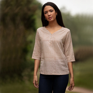 OFERTA Blusa Kurta de Longitud Media Estilo 11 Beige con Motivo Coral, Blusa India para Mujer, Blusa Estampada, Blusa Estampada a Mano con Cuello en V y Manga Larga - Product Image 3