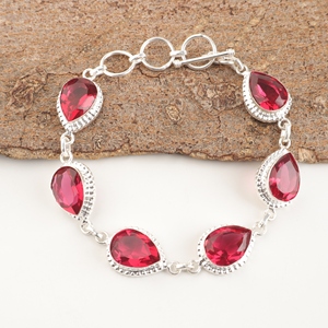 Pulseras de diseño tenis con rubelita rosa, gema tallada en pera, latón chapado en plata de ley 925, engastes de bisel hechos a mano para mujer - Product Image 2