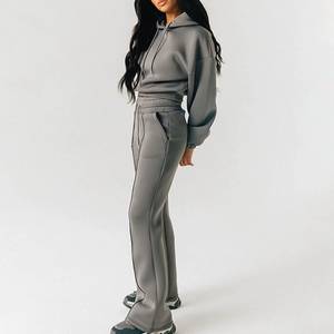 Women's Hooded Cropped <b>Sweatshirt</b> Set Solid Color Knitted Full <b>Sleeve</b> Zipper Design Winter Casual Style Polyester Drawstring - Product Image 3