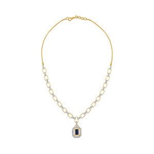 Collier pendentif en diamant bleu royal style émeraude avec double halo géométrique et design de chaîne à maillons - Product Image 1