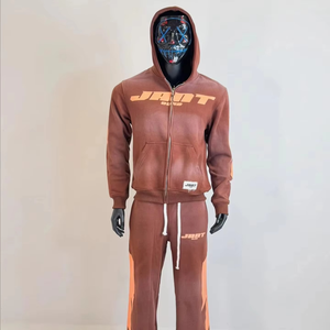 JADT Unisex Red Full <b>Zip</b> <b>Hooded</b> Tracksuit Cotton Streetwear Autumn Regular Fit Letter Print Side Pockets - Product Image 3