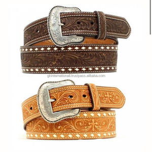 Ceinture en cuir sculpté à la main occidentale, en cuir tan personnalisé, pour homme, forme ovale, boucle florale, robuste, finition antique - Product Image 2