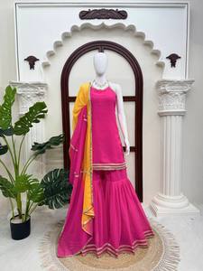 Nuevo Conjunto de Top, Sharara y Dupatta de Georgette Sintética Pesada para Mujer, Sin Arrugas, Elástico, Reversible, Tradicional, Listo para Usar, Largo hasta el Tobillo - Product Image 4