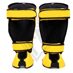 Protège-tibias et protège-pieds légers et durables jaune et noir pour l'entraînement de combat, en cuir avec fermeture auto-agrippante, équipement de boxe protecteur - Product Image 2