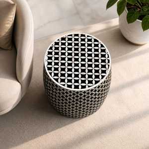 Table d'appoint ronde avec incrustation d'os, design géométrique et à rayures, Belladec - Product Image 4