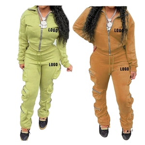 Ensemble de survêtement en molleton gris 2 pièces pour femme, sweat à capuche zippé et pantalon cargo, tenue de sport décontractée, coupe ample, toutes saisons, couleur unie - Product Image 4