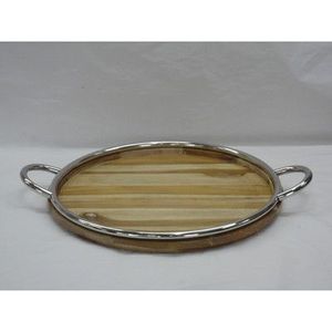 Luxurious Design Round Shape Wooden <b>Tray</b> With Metal Shiny Handles Walnut Finishing Food Serving <b>Tray</b> - Product Image 1