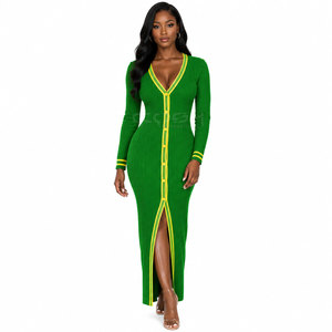 Cosh International Sorority Sisterhood Casual Ribbed <b>Maxi</b> Green Yellow Contrast Stripe Long Sleeve V Neck Button Up <b>Cardigan</b> - Product Image 3