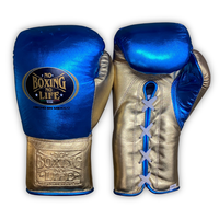 No Boxing No Life Mavi Altın Sığır Derisi Boks Eldivenleri 16oz Bağcıklı Bilek Kapatmalı Profesyonel Antrenman Ekipmanı