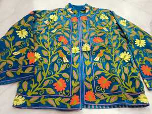 Women's Winter Blue Floral Embroidered Quilted Velvet Jacket 100% Cotton <b>Covered</b> <b>Button</b> Closure Eco-Friendly Windproof Festival - Product Image 1