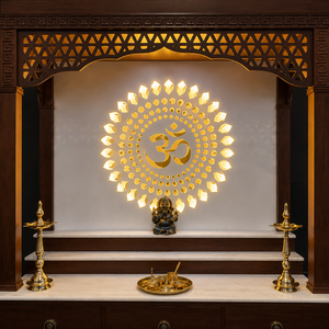 Temple domestique moderne en bois massif de luxe avec base en marbre, design Om rétroéclairé par LED, Mandap de prière en bois étanche - Product Image 3