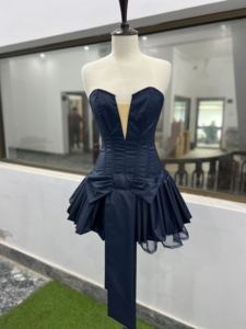 Vestido Mini Corsé sin Tirantes para Mujer, Azul Marino, Satinado, con Varillas, Estilo Bustier con Lazo, Falda Plisada, Sexy, para Fiesta, Personalizado OEM - Product Image 4
