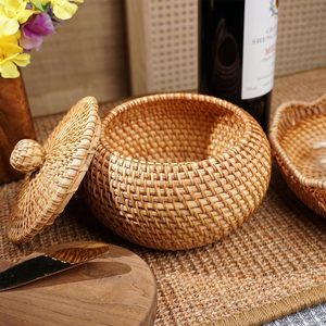 Panier de rangement rond en rotin naturel fait main avec couvercle, écologique, en osier tressé, pour bonbons, bijoux, ou comme boîte de décoration intérieure - Product Image 3