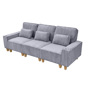 Deep Seat 3-Seater Modern Comfort Corduroy <b>Sofa</b> with Brushed Stainless Steel Cup Holders 3 Decorative <b>Pillows</b> for Living Room - Product Image 1