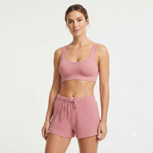 Ensemble soutien-gorge de sport côtelé pour femme, rose, maintien moyen, vêtements de yoga, couleur unie, respirant, en spandex et coton - Product Image 1