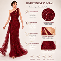 Robe de soirée longue sirène rouge moderne de luxe à une épaule |   Robe en tulle brodée de sequins avec traîne |   OEM Marque Privée Inde