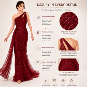 Luxury <b>Red</b> One Shoulder Mermaid Evening Gown | <b>Sequin</b> Embroidery Tulle Dress Elegant Women Party Wear | OEM Private Label India - Product Image 4