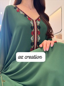Vestido Abaya Kaftan Azul Marino Bordado de Az Creation, con Mangas Anchas, Tela de Seda con Flores, para Fiestas - Product Image 3