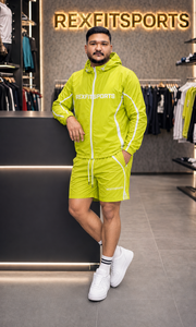 REXFIT SPORTS 2026 Custom Neon Lime <b>Nylon</b> Tracksuit Set Hooded Windbreaker Jacket and Long <b>Shorts</b> Private Label Sportswear - Product Image 6