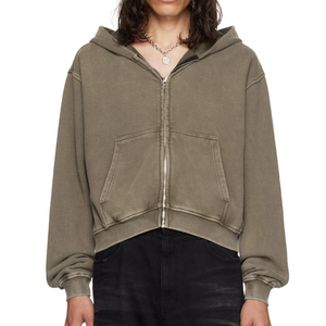 Sweat à capuche court vintage délavé à l'acide avec logo personnalisé, en molleton 100 % coton, zippé, à épaules tombantes - Product Image 3