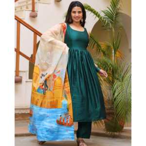 Conjunto de Traje de Chifón Pintado a Mano en Verde Bohemio Siya, Talla XS - Product Image 6