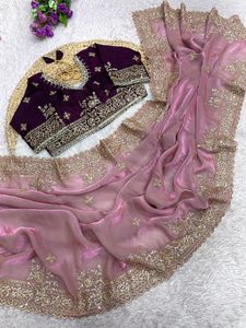 Designer Embroidery And Sequence Work Fandy <b>Satin</b> Silk <b>Saree</b> With Multi Sequence Embroidery Work Unstitched Blouse - Product Image 5