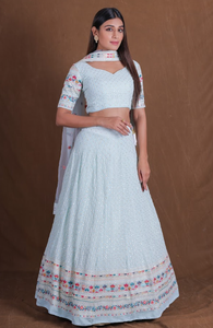<b>Light</b> <b>Blue</b> Embroidered <b>Lehenga</b> Set Women Ethnic Dress Crop Top and Floor Length Skirt With Dupatta for Wedding Party - Product Image 1