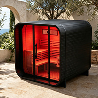Ruang Sauna Luar Ruangan Kayu Cedar Merah dengan WiFi Pintar Opsional Terapi Cahaya Merah Kubus Sauna Uap Pintu Kaca 2-4 Orang Spa Kustom Hitam