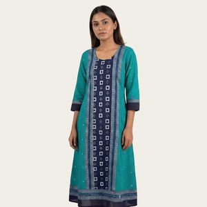 Ikkat <b>Arts</b> Aqua Teal <b>Sequin</b> Silk Kurta – Teal & Indigo Festive Ethnic Wear Kurta - Product Image 1