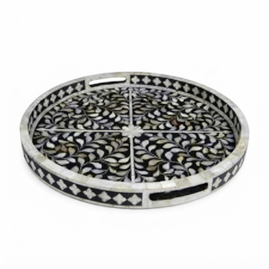 Plateau décoratif de luxe bleu marine avec incrustations en os, motif floral, pour table basse, organisateur de bijoux de coiffeuse, plateau indien - Product Image 3
