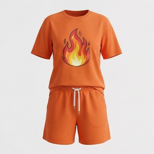 Women's Orange <b>Flame</b> Printed 2 Piece Shorts Set Short Sleeve T <b>Shirt</b> and Above Knee Shorts Casual Spring Summer Wear - Product Image 1