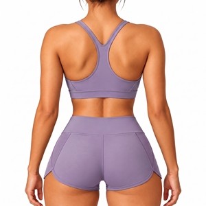 Ensemble 2 pièces short et soutien-gorge pour femme, taille élastique unie, respirant, extensible dans 2 sens, séchage rapide, leggings, short, soutien-gorge de sport, gym - Product Image 2