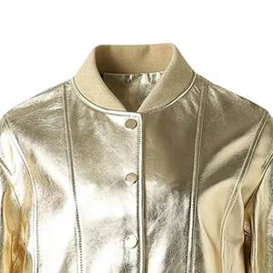 Blouson bomber en satin doré, col montant, manches classiques, style décontracté, unisexe, pour l'automne, couleur unie, fermeture boutonnée - Product Image 5