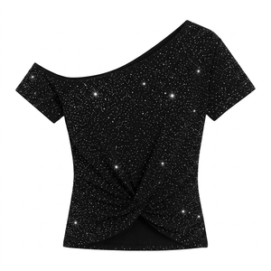 Chemisier asymétrique noir à strass scintillants, épaules dénudées, devant torsadé, pour femme, chemise de luxe ornée de cristaux, idéal pour les soirées d'été et les clubs, vente en gros - Product Image 3
