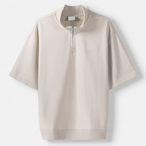 Polo en tricot à manches courtes beige pour homme, décontracté, couleur unie, fermeture éclair sur le devant, coupe classique - Product Image 6