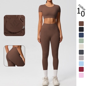 Women's Brown 2 Piece Seamless Yoga Set <b>Long</b> Sleeve Crew Neck Top High Waist Full Length Leggings Stretch Activewear - Product Image 2