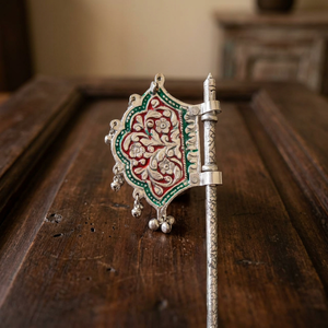Traditional German Silver Pankhi <b>Hand</b> <b>Fan</b> With Ornate Enamel Design For Thakur Ji Laddu Gopal Accessories Festive Gifting - Product Image 4