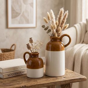 Brown and White Glazed Matte <b>Ceramic</b> Rustic Tabletop <b>Vase</b> with Handle Christmas Home Decor Dishwasher Safe - Product Image 6