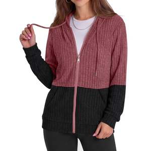 Sweat à capuche zippé en tricot color block pour femme, avec poches, manches classiques, coupe décontractée oversize, idéal pour l'automne - Product Image 3