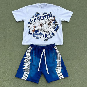 Conjunto de Camiseta Casual de Verano para Hombre Krateral, Camiseta Blanca con Cuello Redondo y Estampado, Pantalones Cortos Azules con Logotipo Frontal, Impresión Digital, 100% Algodón - Product Image 1