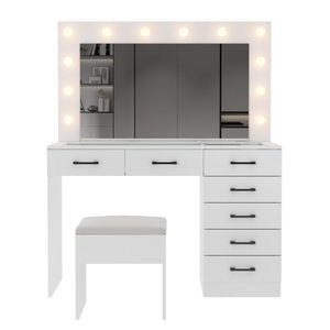 Large Lighted 12 LED <b>Mirror</b> <b>Makeup</b> Vanity Desk Set with 7 Drawers Glass Top Dressing Vanity Table with Power Outlet - Product Image 3