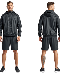 Conjunto Deportivo para Hombre con Chaqueta Cortavientos con Capucha y Pantalones Cortos, Diseño Color Block, Impermeable, de Poliéster, para Otoño - Product Image 3