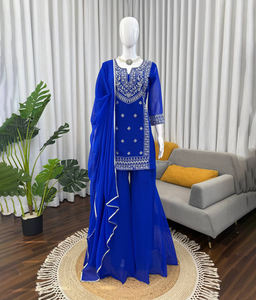 Georgette tissu indien pakistanais Designer dessiné à la main fêtes robe ethnique moderne-adultes Sharara costume palazzo pour les femmes - Product Image 1