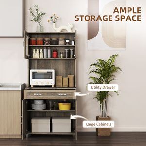 67\" Gray Modern <b>Kitchen</b> <b>Pantry</b> Buffet with Hutch Freestanding Cabinet Design Featuring Glass Doors Shelves Drawers - Product Image 4