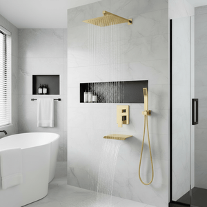 Soffione doccia quadrato da 10 pollici con effetto pioggia e doccetta a mano # # # #   Set Rubinetto per Vasca da Bagno in Finitura Oro Spazzolato - Product Image 5