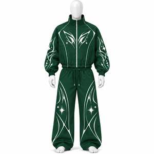 Conjunto de chándal personalizado oversize con paneles de ondas azules, estilo moderno, chaqueta cortavientos con capucha y pantalones de pierna ancha para ropa deportiva unisex - Product Image 5