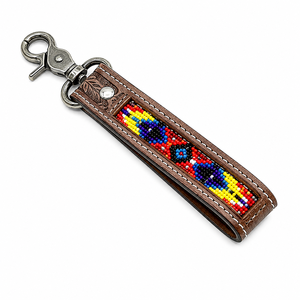 Handcrafted Leather Beaded Keychain with Colorful Tribal Pattern Engraved Floral Accent Strong Clasp Western Boho <b>Key</b> Ring Bag - Product Image 1